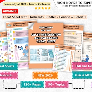 Può includere: Un pacchetto di fogli di ripasso e flashcard per la preparazione e il confezionamento CRCST con oltre 120 pagine e 50 argomenti. I documenti includono illustrazioni colorate, indici e il testo Hyperlinked New 2027 CRCST Preparation and Packaging Cheat Sheet.