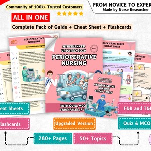 May include: A comprehensive perioperative nursing study guide set featuring a pink cover with medical illustrations, including a patient in a hospital bed and healthcare staff. The pack includes cheat sheets, flashcards, and quizzes with text labels like Hyperlinked Updated 2026 and 280+ Pages.