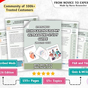 Könnte beinhalten: Ein digitaler Studienführer mit dem Titel Hyperlinked Echocardiography Ultrasound Study Guide Updated 2026. Das Cover zeigt medizinische Illustrationen, und der Leitfaden enthält 155+ Seiten, 15+ Themen, Quizze, MCQs, Richtig/Falsch-Fragen und F&B-Abschnitte.