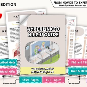 May include: A spiral-bound 2026 edition Hyperlinked N.I.C.U Guide with 150+ pages and 10+ topics. The cover features an illustration of a neonatal intensive care unit with infants in incubators, plus text including With Quiz, MCQ's True/False, F&B.