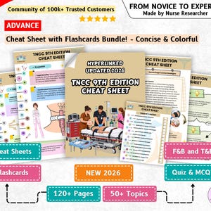 Puede incluir: Un paquete de hojas de referencia y tarjetas didácticas TNCC 9th Edition con más de 120 páginas y 50 temas. Los materiales educativos incluyen ilustraciones médicas de atención de traumas y el texto TNCC 9th Edition Cheat Sheet.