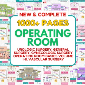 以下が含まれることがあります： 医療教科書と学習ガイドのコレクション。画像には、「Operating Room Basics」や「Urologic Surgery」などのタイトルが付いた複数の書籍が写っています。テキストは「1000+ページ」と「New & Complete」版を強調しています。