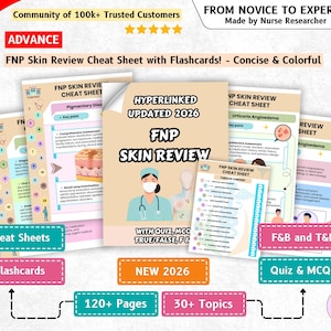Könnte beinhalten: Eine Sammlung von FNP Skin Review Spickzetteln und Lernkarten mit einem beigefarbenen Deckblatt, einer Krankenschwester-Illustration, dem Text 'Hyperlinked Updated 2026 FNP Skin Review' sowie verschiedenen Seiten mit medizinischen Inhalten und Diagrammen.