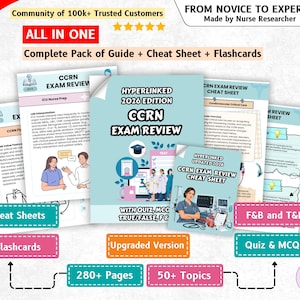 May include: A comprehensive 2026 edition CCRN exam review study guide, cheat sheet, and flashcard pack. The materials feature light blue covers with medical illustrations, text including 'Hyperlinked 2026 Edition', and 'CCRN Exam Review'.