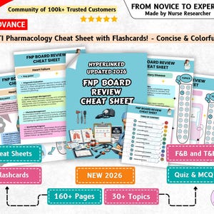 May include: A collection of ATI Pharmacology cheat sheets and flashcards featuring light blue pages with medical illustrations, including a stethoscope, heart diagrams, and diagnostic tools. The text reads FNP Board Review Cheat Sheet, Hyperlinked Updated 2026, and From Novice to Expert.