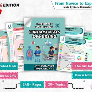 May include: A 2026 edition nursing study guide titled Fundamentals of Nursing, featuring a teal cover with medical illustrations, a table of contents, and text indicating 240+ pages, 20+ topics, quizzes, MCQs, and true/false questions for students.