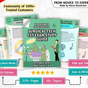 Op de afbeelding: Een 2026 editie studiegids voor het chirurgisch technicus CST-examen met 225+ pagina's en 20+ onderwerpen. De groene kaft bevat illustraties van medisch personeel in een operatiekamer, tekst en vijf gele sterren voor de beoordeling.