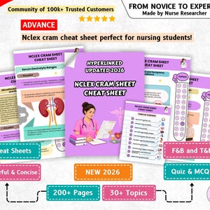 May include: A collection of NCLEX cram cheat sheets featuring purple and white pages with nursing study content, including diagrams of kidneys, tables of content, and an illustration of a nurse. The text includes NCLEX CRAM SHEET, 200+ Pages, 30+ Topics, and NEW 2026.