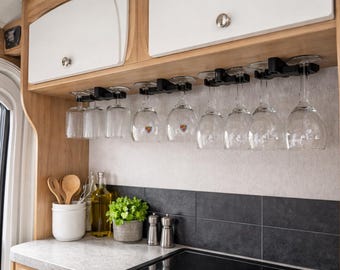 Under Cabinet Wine Glass Holder | Camper Van Glass Rack | Hanging Stemware Holder for RV Kitchen