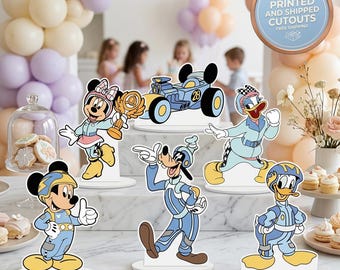 Mickey en vrienden set 6 tafeldecoraties, babyshower, uitsnijdingen raceauto's, Disney-feestrekwisieten, tafeldecor, uitsnijdingen roadster racer