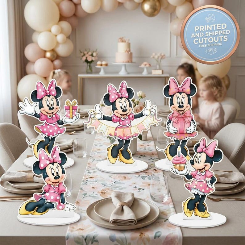 Minnie Mouse Set 5 Table Centerpieces, Baby Shower, Cutouts, Disney Party Props, Table Decor, Kids Birthday Party Decoration, Party Supplies Full Set