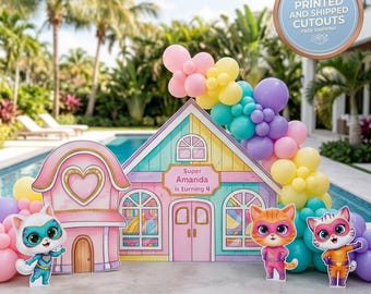 Super Kitties-uitsparingen, achtergrond, superheldenfeest rekwisieten, babymeisje, decor kinderfeestje, tafeldecoraties, tuinbord