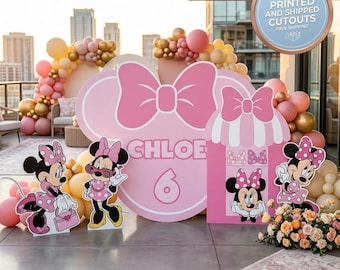 Minnie Mouse Bowtique-feestuitsparingen, rekwisieten, roze strikachtergrond, tuinbord, tafeldecoraties, kinderverjaardagsfeestje