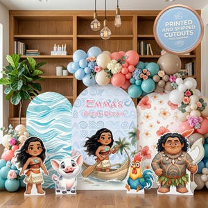May include: A set of printed and shipped party cutouts featuring Moana characters including a young girl, a pig, a rooster, and a man with a hook. The display includes three arched backdrops with ocean and floral patterns and balloon garlands.