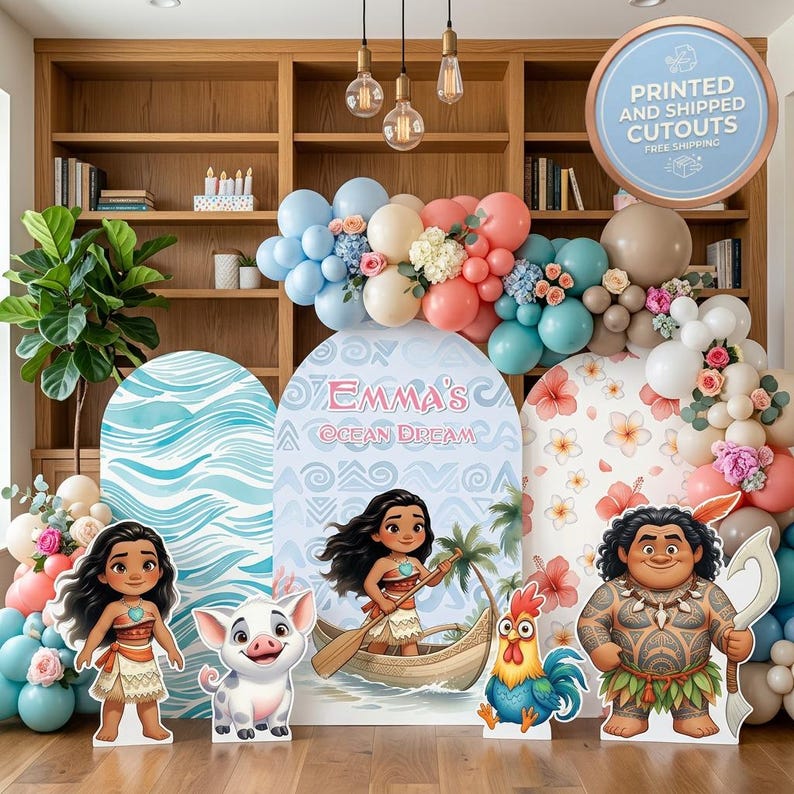 May include: A set of printed and shipped party cutouts featuring Moana characters including a young girl, a pig, a rooster, and a man with a hook. The display includes three arched backdrops with ocean and floral patterns and balloon garlands.