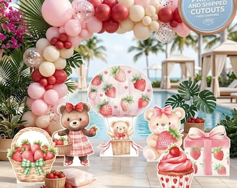 Aardbei 1e verjaardag knipsels set, achtergrond, zoete verjaardag, babymeisje, Berry eerste verjaardagsfeestje decor, tafeldecoraties, babyshower