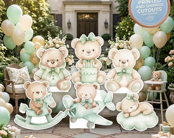 Teddybeer set 6 uitsparingen, achtergrond, feestrekwisieten, 1e verjaardag, we kunnen het niet lang wachten, tafeldecoraties, saliegroen babyshowerdecoraties