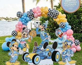 Mickey en vrienden set 6, roadster racer feestuitsnijdingen, rekwisieten, achtergrond, raceauto, tafeldecoraties, 1e verjaardag