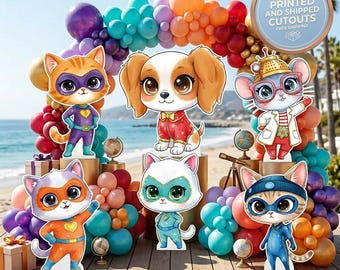 Super Kitties Set 6 uitsparingen, achtergrond, superheldkatten, feestrekwisieten, babymeisje, decor kinderverjaardagsfeestje, tafeldecoraties, tuinbord