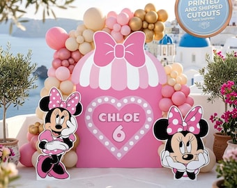 Minnie Mouse Bowtique-feestuitsparingen, rekwisieten, roze strikachtergrond, tuinbord, tafeldecoraties, kinderverjaardagsfeestje