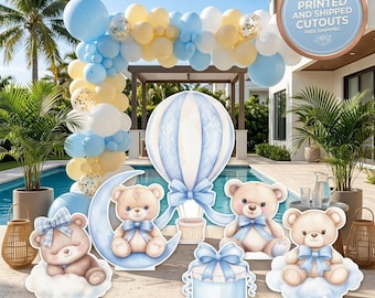 青いベビーシャワー用テディベアセット6枚、切り抜き、背景、パーティー小道具、男の子の赤ちゃん歓迎、月のセンターピース、1歳の誕生日
