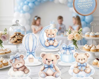 青いテディベアのテーブルデコレーション、6個セット、ベビーシャワー、1歳の誕生日デコレーション、テーブルセンターピース、パーティー用品、男の子向け