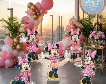 Set de Minnie Mouse con 5 recortes, accesorios, figura de cartón, letrero para jardín y centros de mesa para fiestas de cumpleaños infantiles.