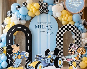 Mickey en Minnie Mouse Roadster Racer Feestuitsparingen, rekwisieten, achtergrond, raceauto, tafeldecoraties, 1e verjaardag