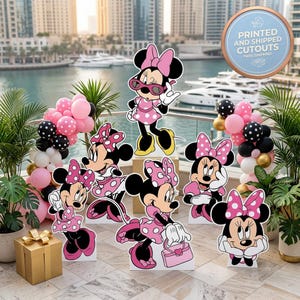 Set de Minnie Mouse con 6 recortes para fiestas, accesorios, fondo con lazo rosa, letrero para jardín, centros de mesa, fiesta de cumpleaños infantil. imagen 3