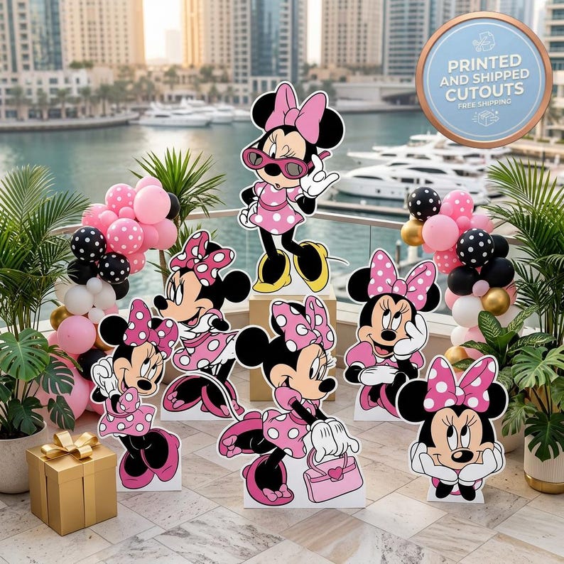 Set de Minnie Mouse con 6 recortes para fiestas, accesorios, fondo con lazo rosa, letrero para jardín, centros de mesa, fiesta de cumpleaños infantil. imagen 3