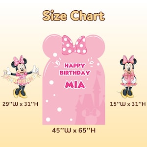 Puede incluir: Decoraci&oacute;n rosa de fiesta de cumplea&ntilde;os con el tema de Minnie Mouse con el texto "Happy Birthday MIA". La decoraci&oacute;n tiene forma de cabeza de Minnie y un lazo de lunares. Dimensiones: 114 cm de ancho x 165 cm de alto. Tambi&eacute;n se muestran dos decoraciones m&aacute;s peque&ntilde;as.