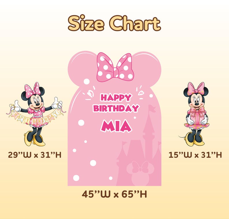 Puede incluir: Decoraci&oacute;n rosa de fiesta de cumplea&ntilde;os con el tema de Minnie Mouse con el texto "Happy Birthday MIA". La decoraci&oacute;n tiene forma de cabeza de Minnie y un lazo de lunares. Dimensiones: 114 cm de ancho x 165 cm de alto. Tambi&eacute;n se muestran dos decoraciones m&aacute;s peque&ntilde;as.