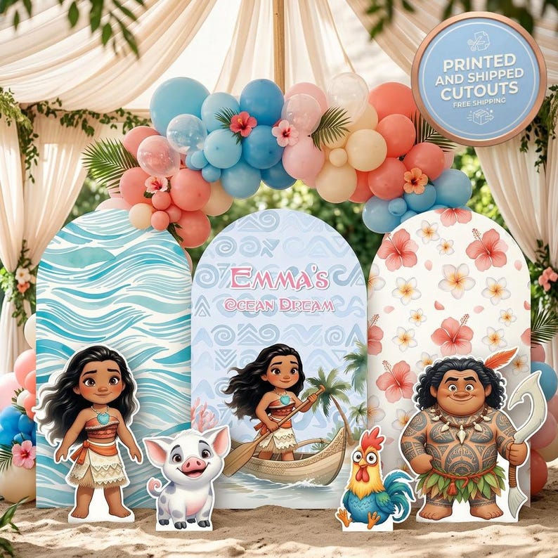 May include: Three arched backdrop panels featuring Moana-themed designs, including blue waves, tribal patterns with the text 'EMMA'S OCEAN DREAM', and pink hibiscus flowers. Includes cutouts of Moana, Pua the pig, Heihei the rooster, and Maui.
