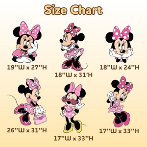 Puede incluir: Un cuadro de tallas con seis ilustraciones de Minnie Mouse en varias poses. Cada figura de Minnie Mouse lleva un vestido y un lazo rosas con lunares blancos. El cuadro incluye dimensiones en cm: 48x69cm, 46x61cm, 46x79cm, 66x79cm, 43x84cm y 43x84cm.