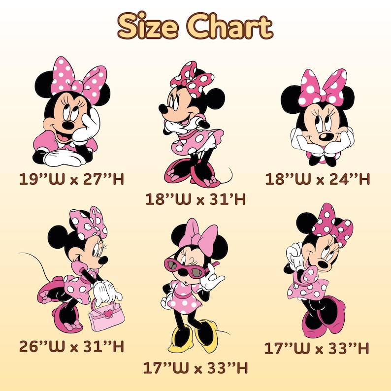 Puede incluir: Un cuadro de tallas con seis ilustraciones de Minnie Mouse en varias poses. Cada figura de Minnie Mouse lleva un vestido y un lazo rosas con lunares blancos. El cuadro incluye dimensiones en cm: 48x69cm, 46x61cm, 46x79cm, 66x79cm, 43x84cm y 43x84cm.