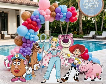 Toy Story meisjes set 6 uitsparingen, feestrekwisieten, achtergrond, tuinbord, tafeldecoraties, cowgirl kinderfeestje, naar boven afronden