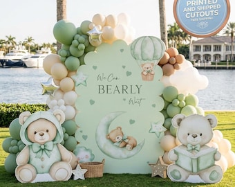 Uitsparingen teddybeer, achtergrond, feestrekwisieten, 1e verjaardag, we can Bearly Wait, tafeldecoraties, saliegroen babyshowerversieringen