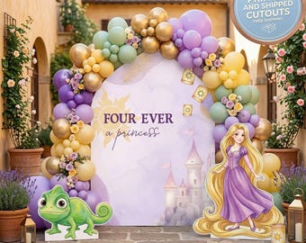 Rapunzel verjaardagsuitsparingen, Disney Princess Party, achtergrond, rekwisieten staand, tuinbord, sprookjesachtige tafeldecoraties, kinderfeestje, kinderfeestje