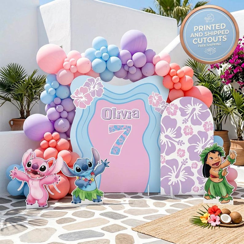 May include: A colorful party backdrop featuring a pink and blue design with the name "Olivia" and the number "7". The scene includes character cutouts, a balloon arch in pastel colors, and a sign that says "Printed and Shipped Cutouts".