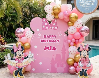 Minnie Mouse verjaardagsuitsparingen, rekwisieten, roze achtergrond, tuinbord, tafeldecoraties, kinderverjaardagsfeestje, Bowtique-feestje