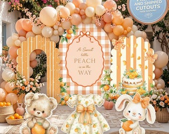 Perzik babyshoweruitsparingen, oranje achtergrond, feestrekwisieten, meisje, decoratie eerste verjaardagsfeestje, tafeldecoraties, tuinbord