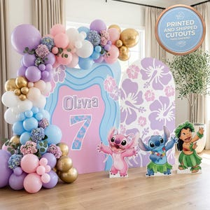 May include: A party scene with a balloon arch in pastel colors, a backdrop with the name "Olivia" and the number 7, and cardboard cutouts of cartoon characters. The scene includes a sign that says "PRINTED AND SHIPPED CUTOUTS FREE SHIPPING".