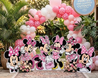 Minnie Mouse set 6 feestuitsparingen, rekwisieten, roze strikachtergrond, tuinbord, tafeldecoraties, kinderverjaardagsfeestje