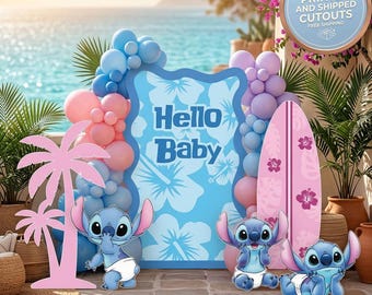 Recortes de Stitch para baby shower, accesorios para fiestas, fondo de surf, letrero para jardín, centros de mesa, fiesta infantil tropical