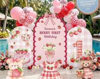 Recortes de fresas para el primer cumpleaños, fondo, accesorios para fiestas, niña, decoración de fiesta de primer cumpleaños con temática de bayas, centros de mesa, letrero para el jardín.