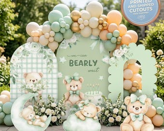 Uitsparingen teddybeer, achtergrond, feestrekwisieten, decor 1e verjaardag, tafeldecoraties, saliegroen babyshowerversieringen