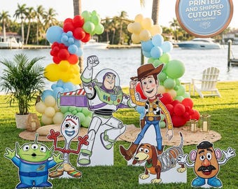 Toy Story-set 6 uitsparingen, Buzz, Woody-feestrekwisieten, achtergrond, tuinbord, tafeldecoraties, cowboykinderfeest, 1e verjaardag