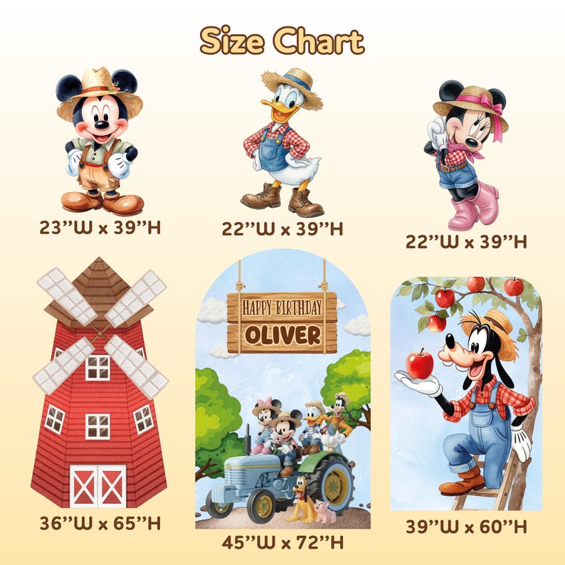 Peut inclure: Un tableau des tailles pr&eacute;sentant des personnages Disney en tenue de ferme, dont Mickey, Donald, Minnie et Dingo. Il montre un moulin rouge, une sc&egrave;ne de tracteur avec le texte 'HAPPY BIRTHDAY OLIVER' et Dingo cueillant des pommes, avec des dimensions en pouces.