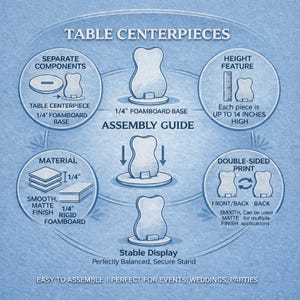Puede incluir: Gu&iacute;a de montaje para centros de mesa. La gu&iacute;a muestra componentes separados, incluyendo una base de cart&oacute;n pluma de 0,64 cm y el centro de mesa en s&iacute;. Cada pieza mide hasta 35,56 cm de alto. El material es cart&oacute;n pluma r&iacute;gido de 0,64 cm con un acabado liso y mate.