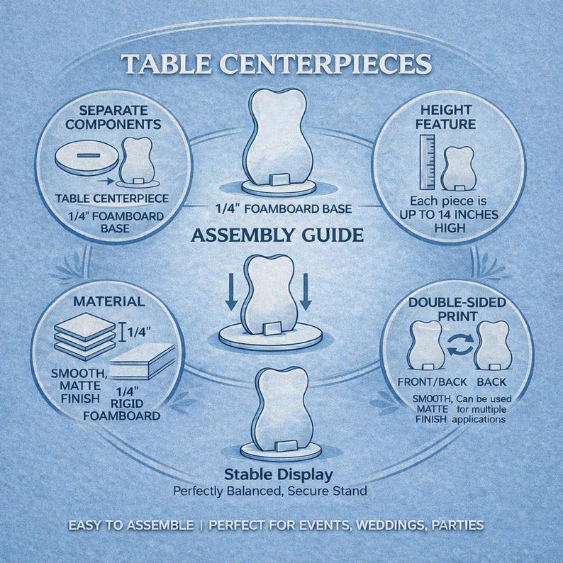 Puede incluir: Gu&iacute;a de montaje para centros de mesa. La gu&iacute;a muestra componentes separados, incluyendo una base de cart&oacute;n pluma de 0,64 cm y el centro de mesa en s&iacute;. Cada pieza mide hasta 35,56 cm de alto. El material es cart&oacute;n pluma r&iacute;gido de 0,64 cm con un acabado liso y mate.